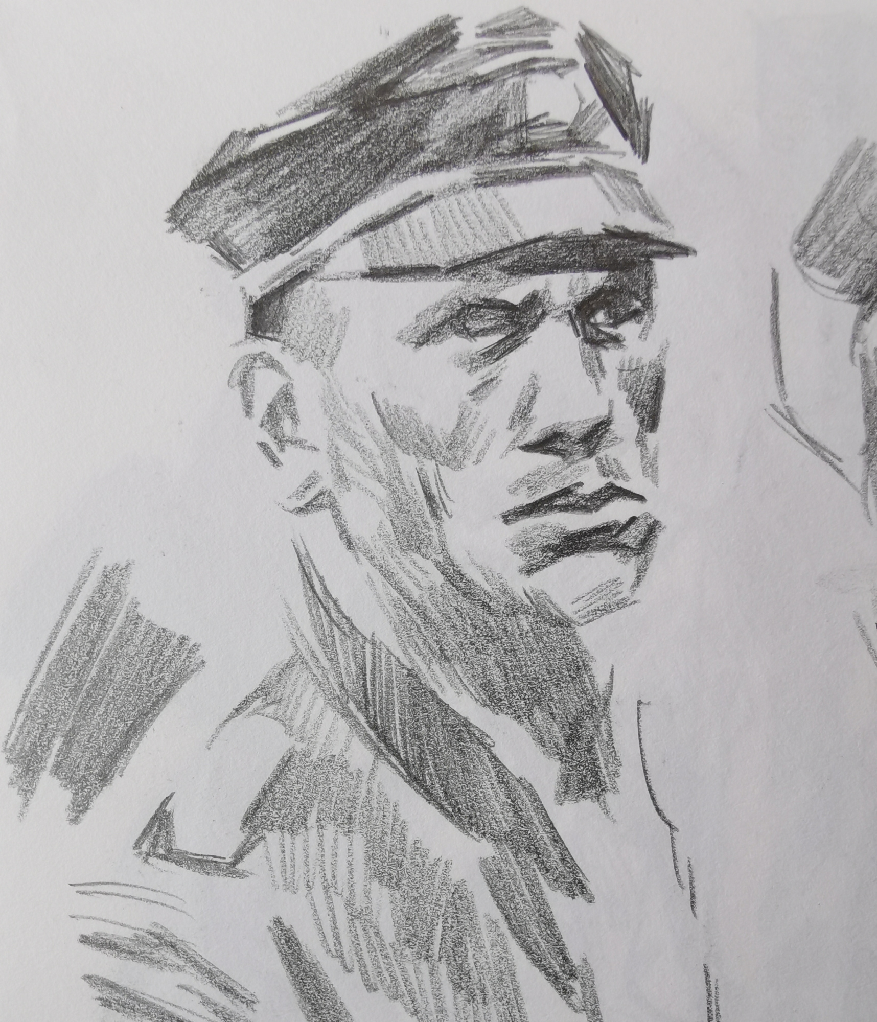 速写:学习使用自动铅笔画戴军帽的士兵头像